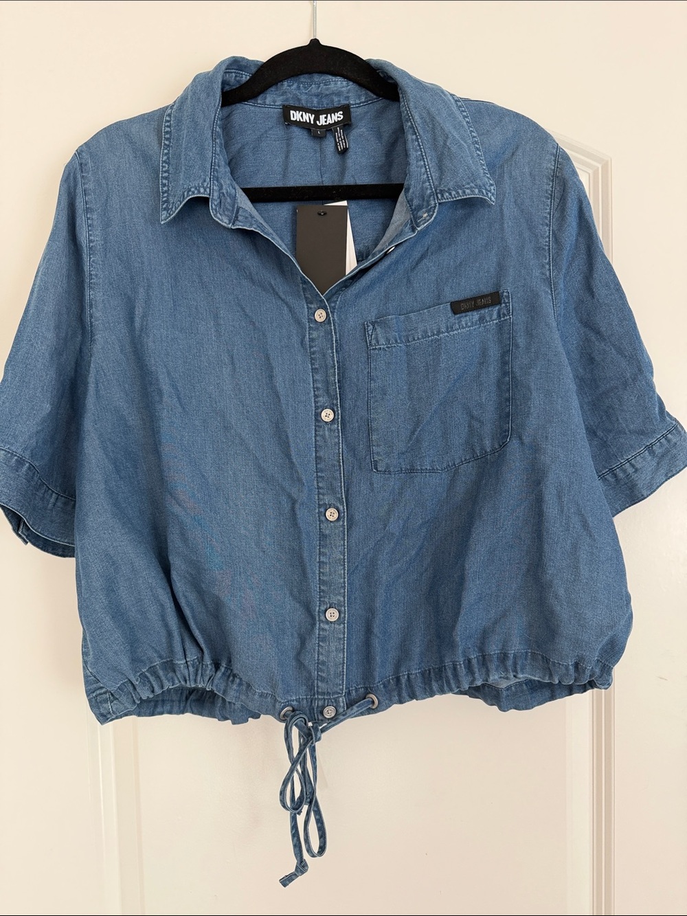 DKNY Blue Denim Button-Down Shirt with Drawstring Hem